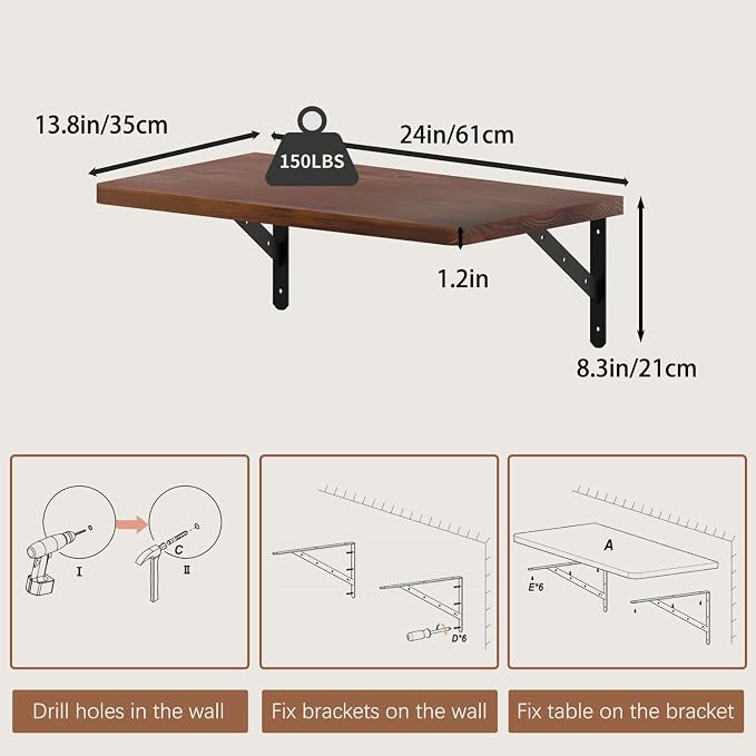 Floating Wall Desk for Home Office,Wall Mounted Table with Pine Wood,24 Inch Workbench for Garage,Work Table with Heavy Duty Brackets for Kitchen,Dining,Laundry,Floating Shelf for Wall