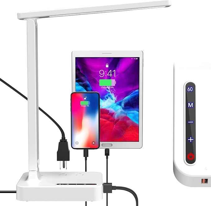Desk Lamps for Home Office,Modern LED Desk Lamp for Dorm with USB Type C Port 2 AC Power Outlets,3 Lighting Mode,3 Level Brightness,Touch Control/Timer/Eye-Caring Foldable Table Lamp Study Desk Light