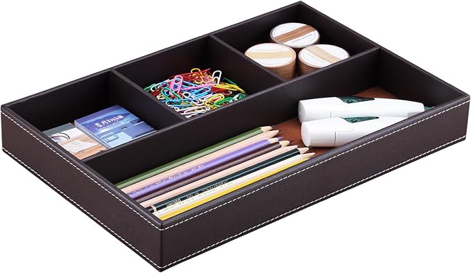 Pu Leather Desk Organizer Tray, 4 Compartment Office Storage Supplies Stationery Drawer Tray, Nightstand Bedside Tray for Key, Wallet, Watch, Coin, Phone Valet Tray Stackable