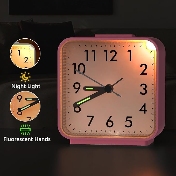 AMIR Silent Analog Alarm Clock, Small Battery Operated Clock with Snooze | Loud Ascending Beep Alarm with Night Light, Non Ticking Desk Clock for Bedroom, Travel, Students