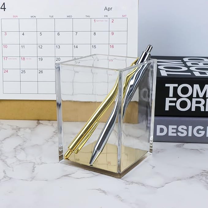 MEI YI TIAN Clear Acrylic Pencil Pen Holder Cup with Yellow Gold Bottom, Desk Accessories Makeup Brush Holders Modern Design Desktop Organizer for Countertop Desk Accessory Storage