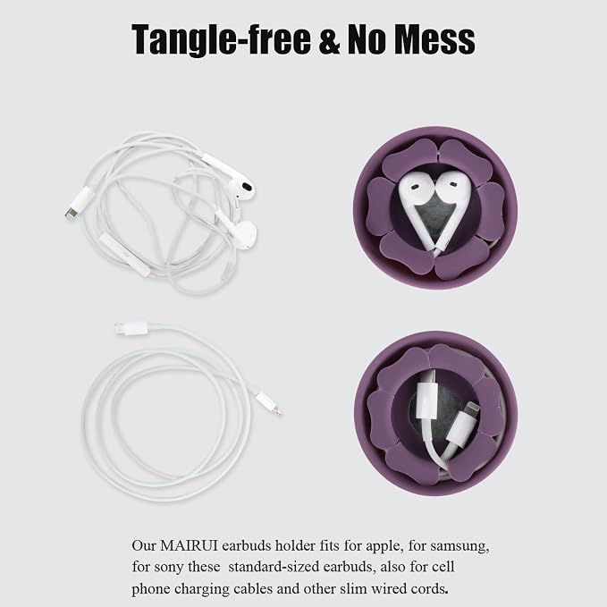 MAIRUI Wired Earbud Case Earphone Headphone Cord Organizer Earbuds Wrap Soft Silicone Magnetic Holder Storage Tangle Free Cable Winder(Grape Purple)