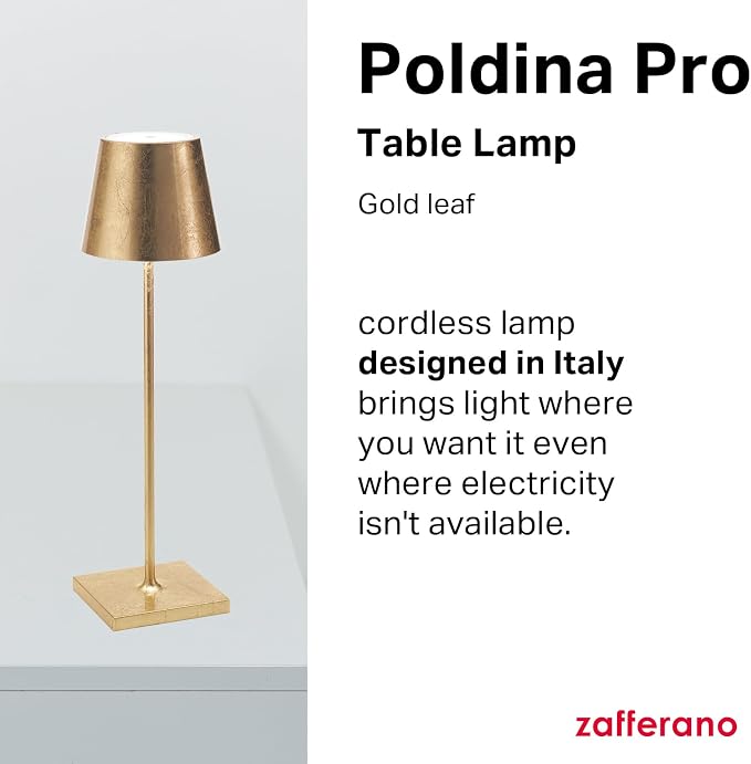 Zafferano, Poldina Pro Lamp with Gold Leaf, Rechargeable Cordless Table Lamp with Touch Controls, Usable as an Indoor Lamp, Dimmer, 2200-3000 K, Height 14.9 Inches