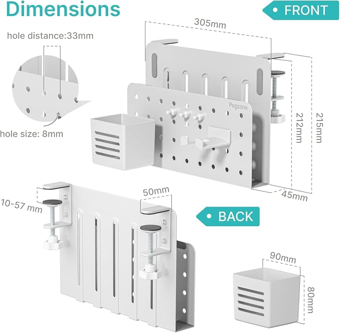 PEGZONE Desk Side Storage Organizer, Fits Flat Edge 0.4" to 2.2", White | No Drill Under Desk Laptop Holder, Clamp on Desks Shelf with Pegboard Accessories, Hanging Laptop Mount
