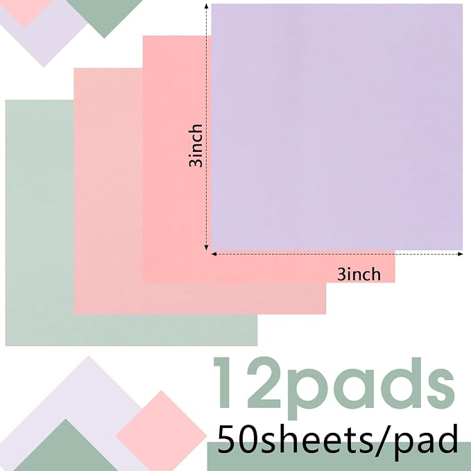 Thenshop 12 Pads Macaron Pastel Sticky Notes 3''x3'', Self Stick Notes Pads Macaron Pastel Office Supplies, Vintage Aesthetic School Accessories 50 Sheets/pad
