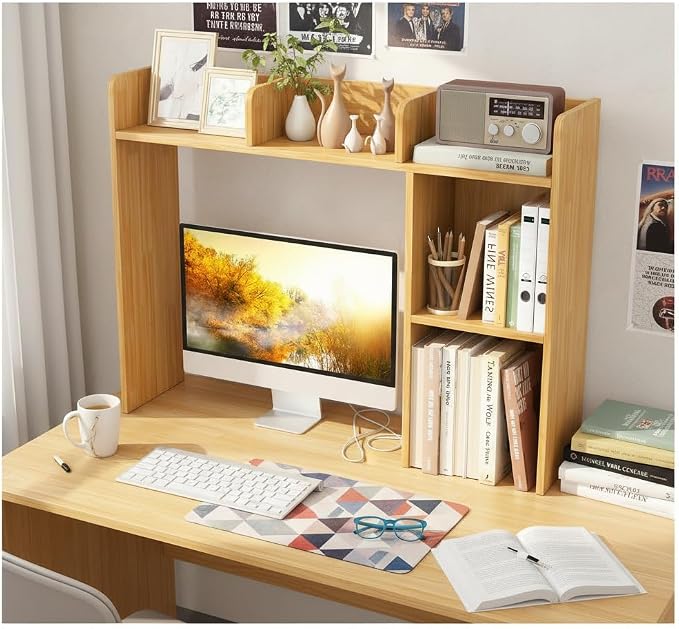 Tangkula Desktop Bookshelf, Countertop Storage Hutch with Shelves for Computer Desk, Desk 3-Tier Display Rack, Multipurpose Wood Desktop Hutch Storage Organizer for Dorm Office