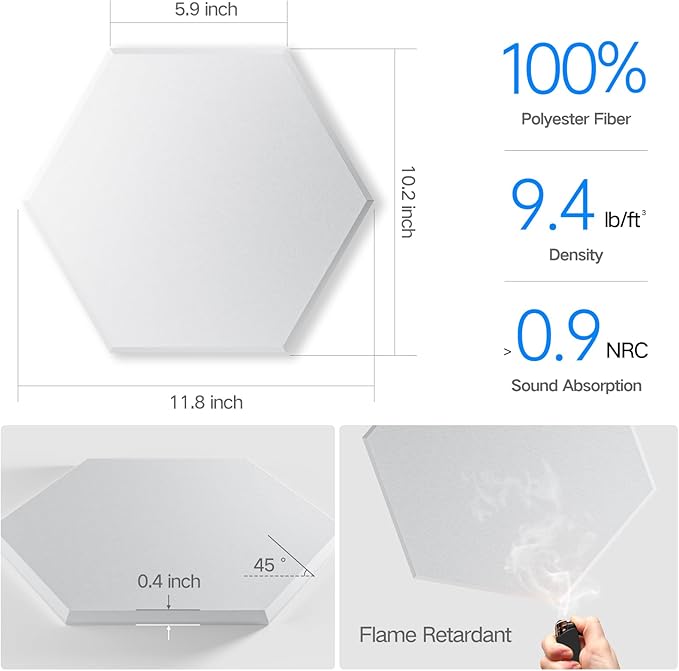 8 Pack Self-Adhesive Acoustic Panels 12" X 10" X 0.4" - Sound Proof Foam Panels for Wall with High Density, Hexagon Design, Flame Resistant, Absorb Noise and Eliminate Echoes(White)