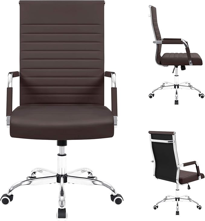 Furmax Ribbed Office Desk Chair Mid-Back PU Leather Executive Conference Task Chair Adjustable Swivel Chair with Arms (Brown)