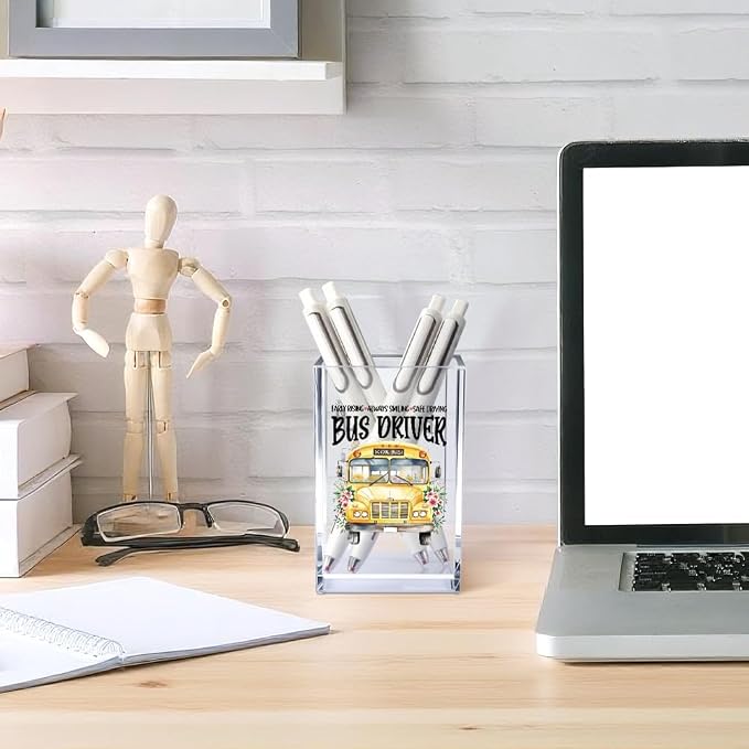 Early Rising Always Smiling Safe Driving Acrylic Cosmetic Pencil Pen Holder Cup, School Bus Pen Holder Cup, Back to School Gifts, Graduation Appreciation Gifts for Women Men Bus Driver