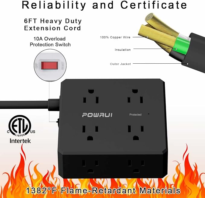 Surge Protector Power Strip - 6 Ft Flat Plug Extension Cord with 8 Widely Outlets and 4 USB Ports(1 USB C), 3 Side Outlet Extender for Home Office, Black, ETL Listed