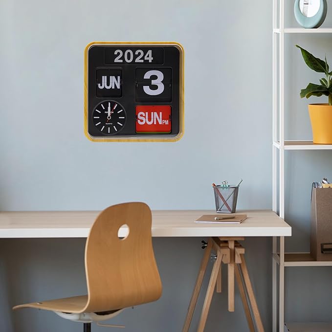 Retro Modern 9.45 Inches Calendar Day Date Flip Desk Wall Clock (Wood Grain)(No Battery Included)