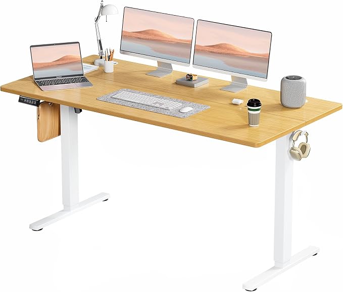 Sweetcrispy Electric Standing Desk Adjustable Height, 63x24 Inch Sit Stand Up Home Office Desks Memory Computer Workstation PC Work Table with Preset Splice Wood Board Metal Frame, Oak