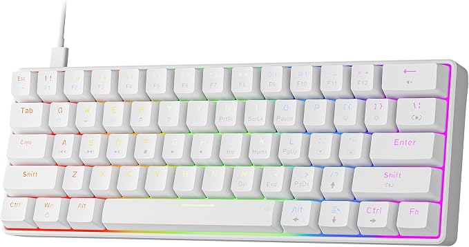 Newmen GM611 Mechanical Keyboard,Rainbow LED Backlit Gaming Wired Keyboards Compact Mini 61 Keys Portable 60 Percent Mechanical Keyboard with White Keycaps,for Windows Laptop PC Linear Red Switches