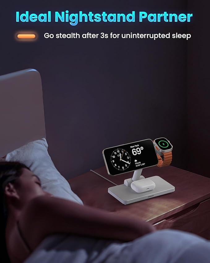 MagSafe 3 in 1 Wireless Charging Station: JoyGeek Portable Foldable Stand for iPhone 17 16 15 14 13 Pro Max Plus, Apple Watch, AirPods Pro (White)