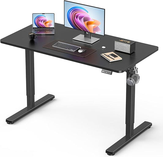 44" Small Electric Standing Desk Adjustable Height for Home Office | Gaming Table, Sit Stand up Desk for Computer Workstation, Memory Presets, 2 Hooks, Black Frame/Black Top
