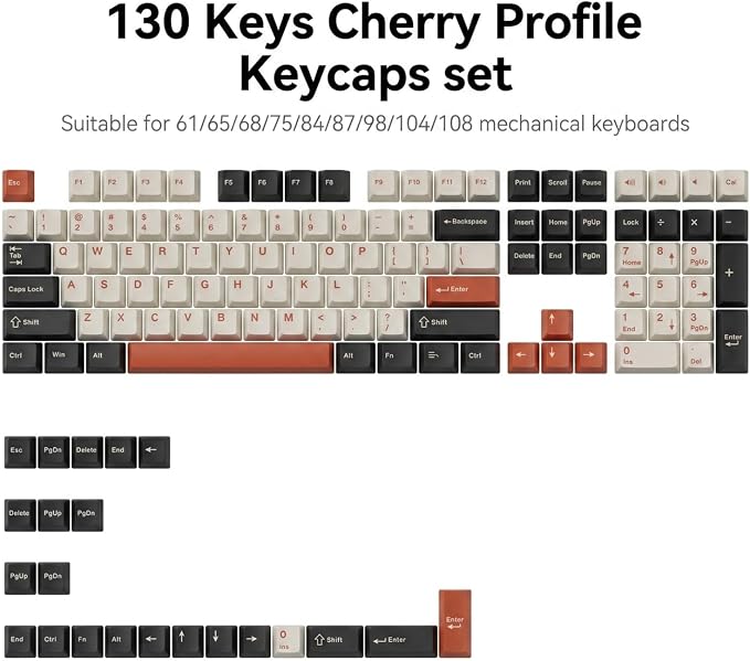 130 Keys PBT Keycaps Set, Double Shot Cherry Profile Custom Keycaps, Black White Brown Retro Style Keycap Set for Mechanical Keyboard 60% 65% 75% 87% 96% 104% Layout, MX Switches