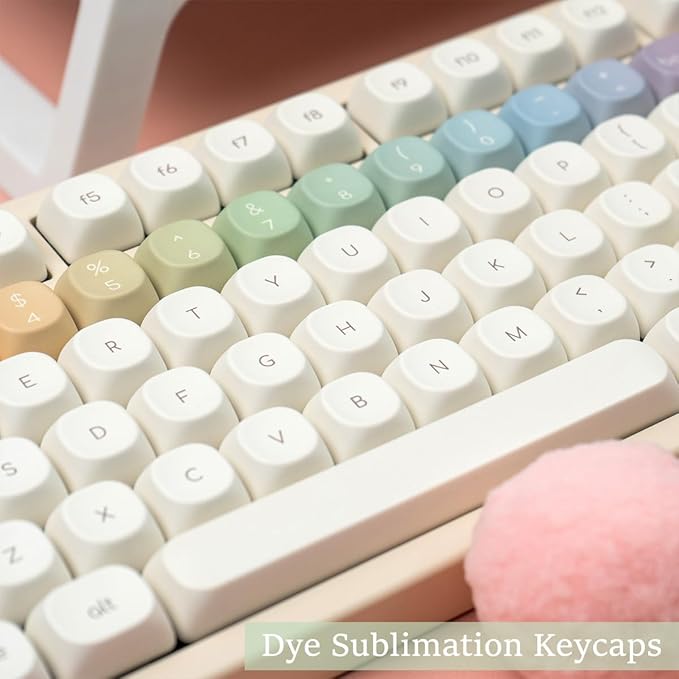 MOA Profile Keycaps, Rainbow PBT Keycap, Minimalist White Cute Round Keyboard Keycap, Dye-Sublimation Colorful Custom Key Cap for 61/64/68/84/87/100/104/108 Cherry MX Mechanical Keyboards(124 Keys)