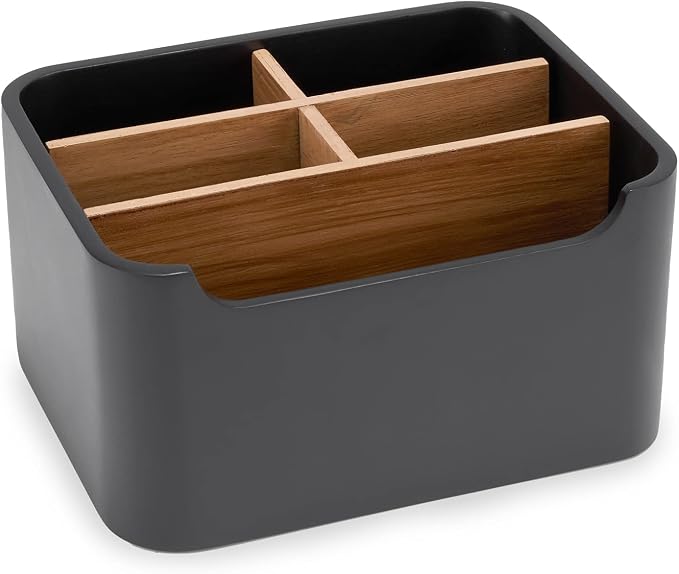 2 Pack Remote Control Holders, Desk Organizers with Dividers,Black | Set of 2 resin and wood organizers with dividers for remotes, pens, glasses, and media devices on desk, table, or nightstand