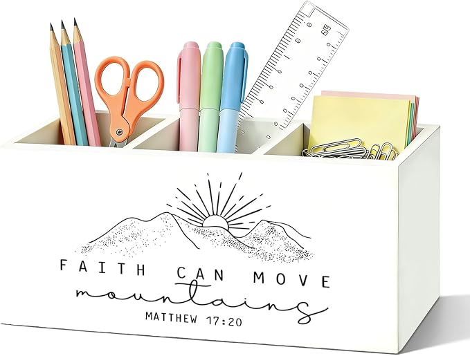 Christian Inspirational Pen Pencil Holder for Desk, Christian Inspirational Gifts, Faith Can Move Mountains Bible Verse Wooden Box Sign Organizer for Home Office Desk Accessories Tabletop