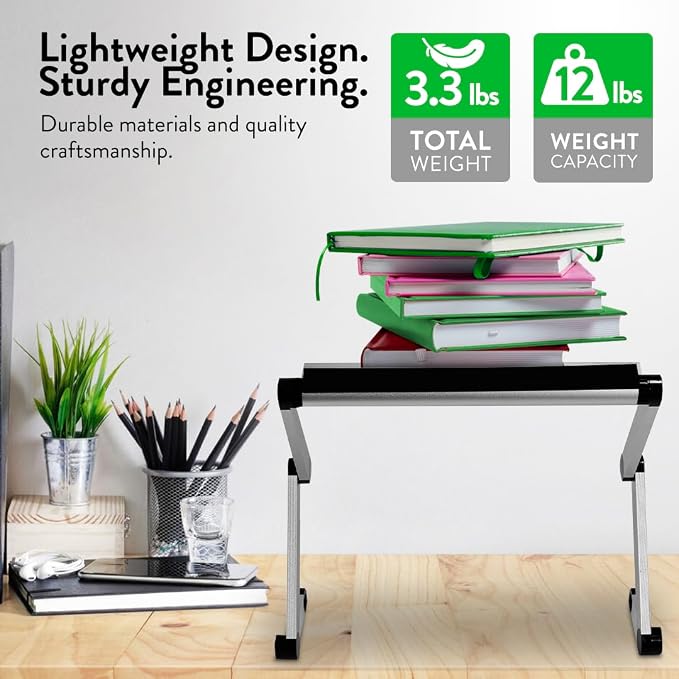Uncaged Ergonomics Adjustable Book Holder, Tablet & Laptop Stand, Aluminum Portable Reading Stand for Textbooks & Cookbooks, Recipe Holder for Kitchen Counter, Silver