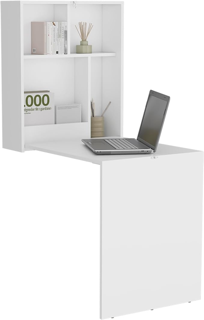 Wall Mounted Folding Desk with 4 Shelves, 33x23 Inch Fold Out Floating Murphy Table, Space Saving Convertible Wall Desk for Home Office, Laundry, Craft, Study, Small Spaces, White