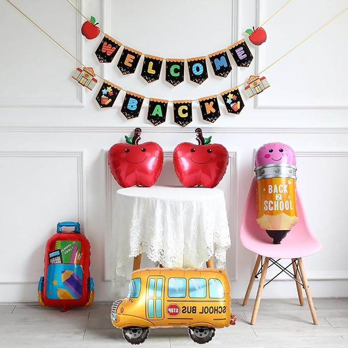 Back To School Balloons Set, Pencil Apples Schoolbag Selfie Standing School Bus Mylar Balloons, Welcome Back Banner, First Day of School Balloon Decorations for Kindergarten Classroom School Supplies