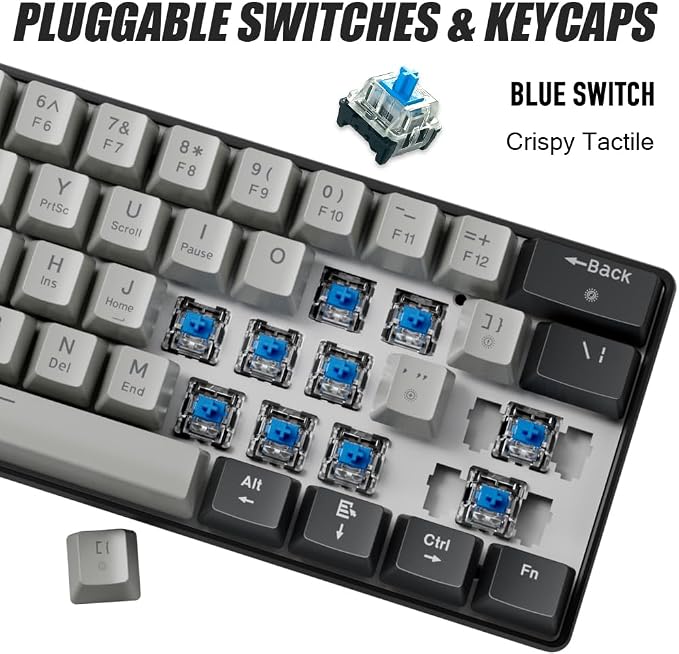abucow 60% Mechanical Gaming Keyboard Blue Switch Wired Compact Keyboard Anti-Ghosting No-Conflict 61 Swappable keycaps Ergonomic Design for Windows/Mac (Gray-Black)