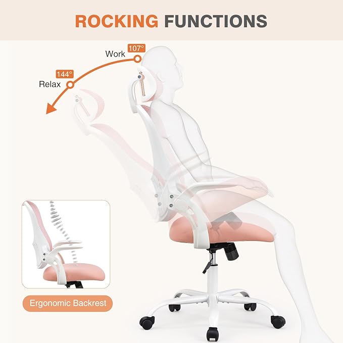 Sweetcrispy Home Office Managerial Executive Chair, High-Back Mesh with Adjustable Headrest, Flip-up Armrest Comfortable Lumbar Support, Comfy Arms for Bedroom,Study,Student