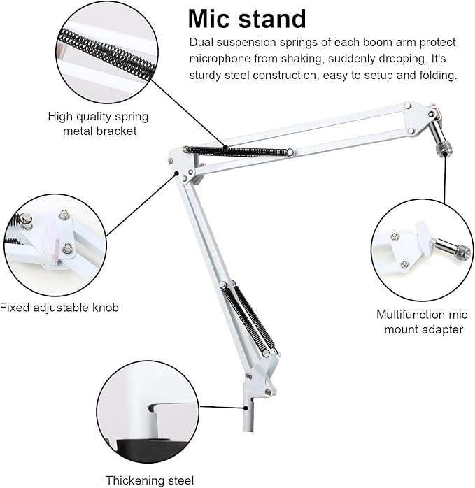 YOUSHARES Razer Seiren X Boom Arm with Pop Filter - White Boom Arm for Razer Seiren X Streaming Microphone, White Mic Arm Microhone Stand (White)