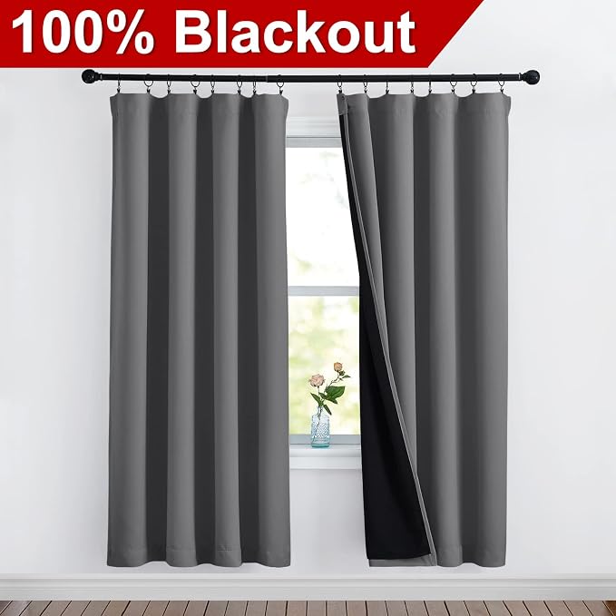 NICETOWN Grey Full Shade Room Warming Curtain Panels, Pair of Energy Smart Rod Pocket Blackout Drapes for Guest Room Window, Thermal Insulated Guest Room Lined Window Dressing(Gray, 52 x 72 inch)