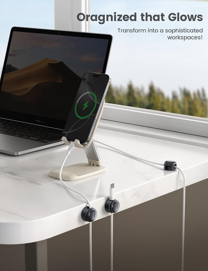 Lamicall 8 Pack Magnetic Cord Organizer, Crystal-Clear Cable Clips | N52 Magnet, Phone Charging Cord Holder, Adhesive Wire Holder for Home Office Nightstand, Christmas Organizer Accessories