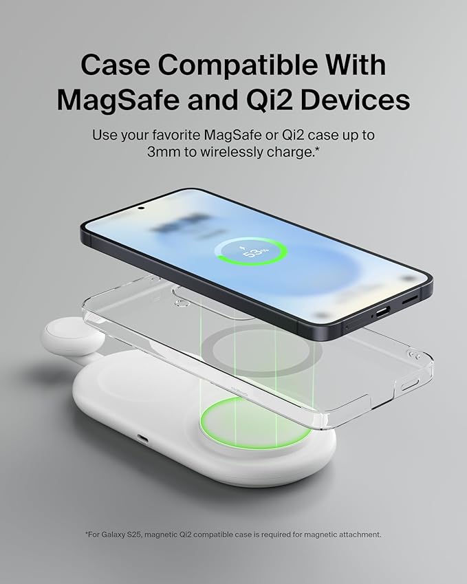 Belkin 2-in-1 Wireless Charging Pad w/ Qi2 15W + Additional USB-C Port - MagSafe-Compatible Charger, Charging Station for iPhone 16 & 15 Series, Samsung Galaxy S25 Series, AirPods, & More - White