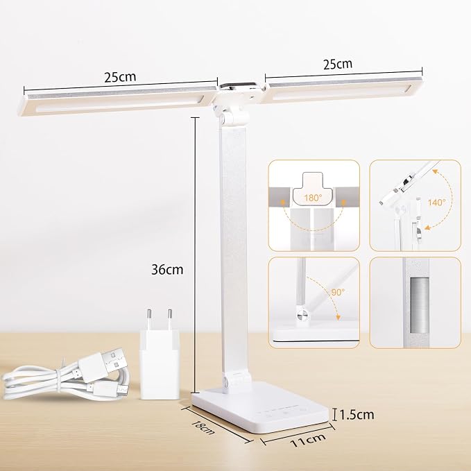 LAOPAO LED Desk Lamp, Dual Head Desk Light, 5 Levels Dimmable & 3 Color Modes Eye-Caring Table Light with USB Charging Port, Table Lamp for Reading, Studying, Home Office,White
