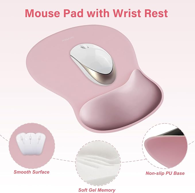 MOSISO Wrist Rest Support for Mouse Pad&Keyboard Set, Ergonomic Mousepad&Coaster, Non-Slip Base Home/Office Rectangular Easy Typing Cushion Pad with Soft Cloth&Curved Concave Memory Foam, Pink