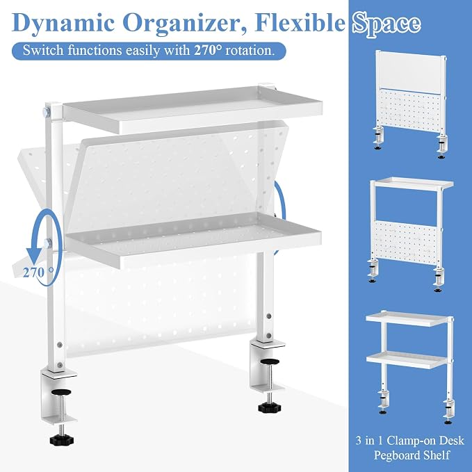 Jumyee 2-Tier Side/Top Clamp On Desk Shelf With Magnetic Pegaboard(White) | Adjustable Desk Pegboard Tray & Magnetic Accessories, No-Drill Clamp On Desk Organizer Pegboard with 6 Hooks
