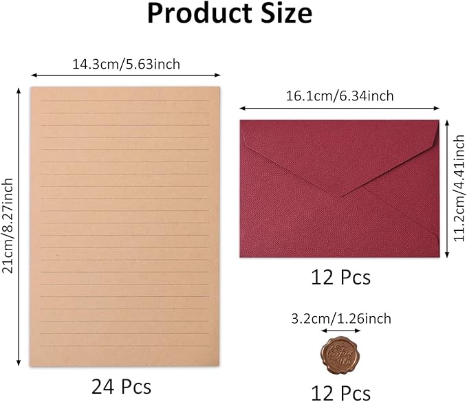 48 Pieces Stationery Set with Envelopes (24 Kraft Paper Sheets + 12 Linen Texture Envelopes+12 Wax Seal Stickers), Stationery Letter Writing Paper Set for Love Letters and Party Invitations (Red)