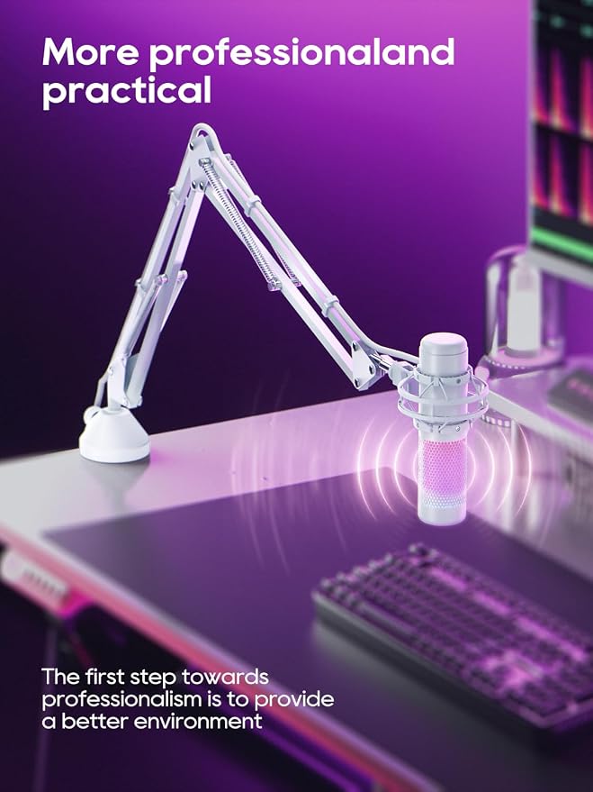 CACENCAN Boom Arm Micophone, Mic Arm Desk Mount Foldable with 3/8'' to 5/8'' Screw Adapter Adjustable Mic Stand for Podcasting Gaming Recording - White, M06W-US