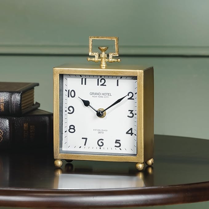 NIKKY HOME Small Gold Table Clock, Silent Classic Decorative Desk Clocks | Non-Ticking Battery Operated Vintage Metal Square Shelf Clock, Antique Decor for Living Room, Bathroom, Office, Mantel