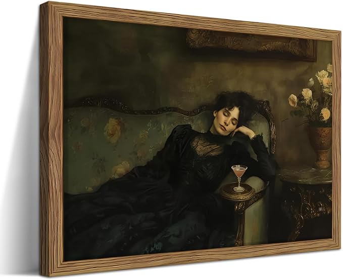 Framed Vintage Victorian Wall Art, Moody Woman Reclining on Sofa Canvas Poster, Dark Academia Portrait Oil Painting Prints, Classical Elegant Wall Decor for Living Room Bedroom Study 16x24in