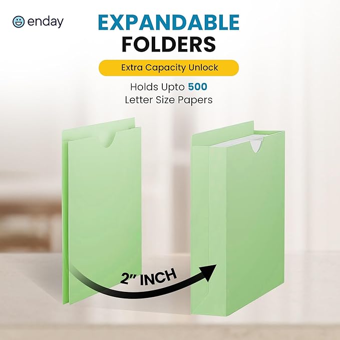 Enday 2 Inch File Jackets (25 Pack)- Assorted Colors Expandable File Folders - Straight Cut Tab - Letter Size Jacket Folders for Home & Office, Pocket File Folders in Red, Yellow, Blue, Green & Orange