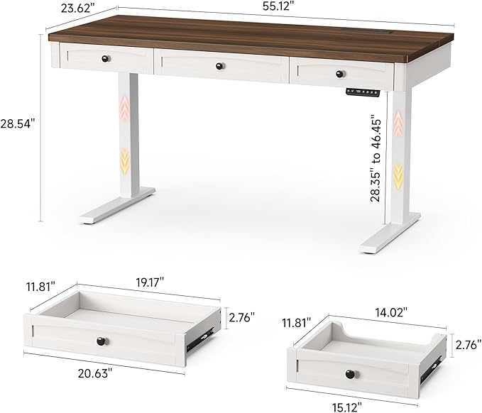 ONBRILL Standing Desk with 3 Drawers, 55 x 24 Inch Electric Height Adjustable Desk with Storage & Outlets, for Computer Workstation, Home Office, Retro Curved Table Corner & Drawers, Walnut