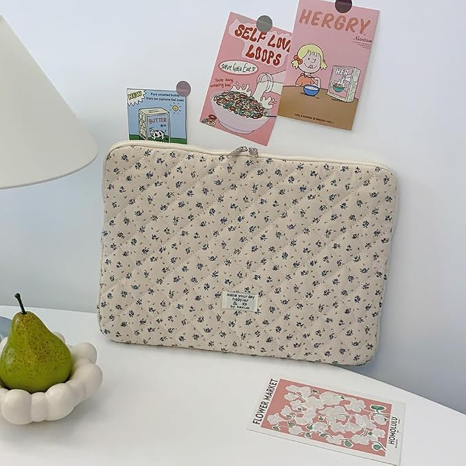 Cute Laptop Sleeve 13-15 inch Laptop Case Aesthetic Quilted Laptop Sleeve Computer Bag with Flower Printing for MacBook (A-Blue, 15inch)