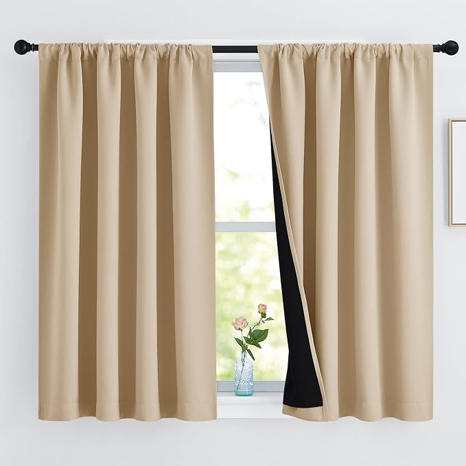 NICETOWN Bedroom Durable Full Blackout Curtain Panels, Great Job for Blocking Light, Rod Pocket Complete Blackout Draperies with Black Liner for Night Shift (Biscotti Beige, Set of 2, 52 by 54-inch)