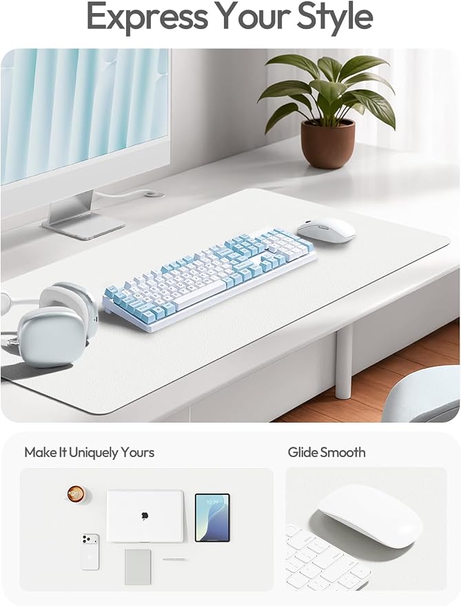 YSAGi Leather Desk Protector, Office Mat, Large Mouse Mat, Non-Slip PU Leather Blotter, Laptop Desk, Waterproof Writing Pad for Office and Home (White, 31.5" x 15.8")