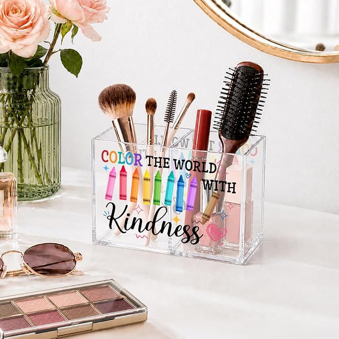 Color The World With Kindness Cosmetic Organizer Pen Holder, Be Kind Pencil Holder 2 Compartments, Kindness Office Desk Accessory for Teacher, Office Back to School Gifts for Counselor Mentor