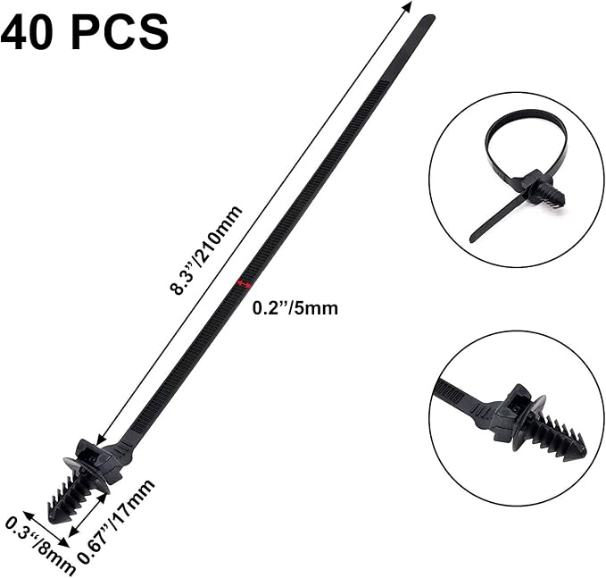 40 PCS Push Mount Zip Ties, 8.3 Inch Nylon Car Mount Wire Ties Snap in Cable Zip Ties, Black Push Mount Cable Ties Automotive Zip Ties Wire Harness Clips for Wire Tying (8.3" L x 0.2" W)