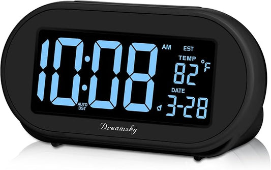 DreamSky Alarm Clocks for Bedrooms, Auto Set Digital Clock with Date & Temp | Electric Desk Clock with Dimmable Brightness Dimmer for Bedside Nightstand, Auto DST, USB Port, Temperature, Snooze