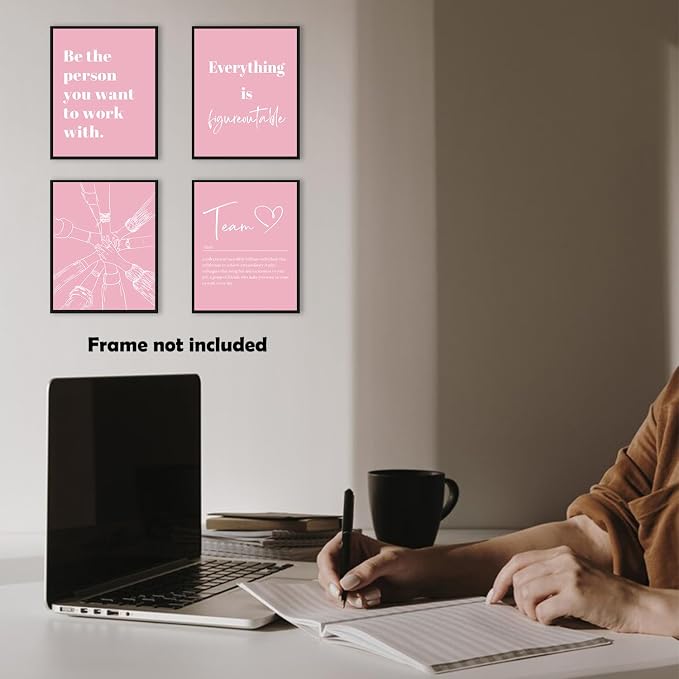 XWELLDAN Be The Person You Want to Work With Team Work Wall Art Decor, Inspirational Motivational Wall Decor for Office, Office Artwork Wall Decor, 8x10 Unframed Set of 4(light pink)
