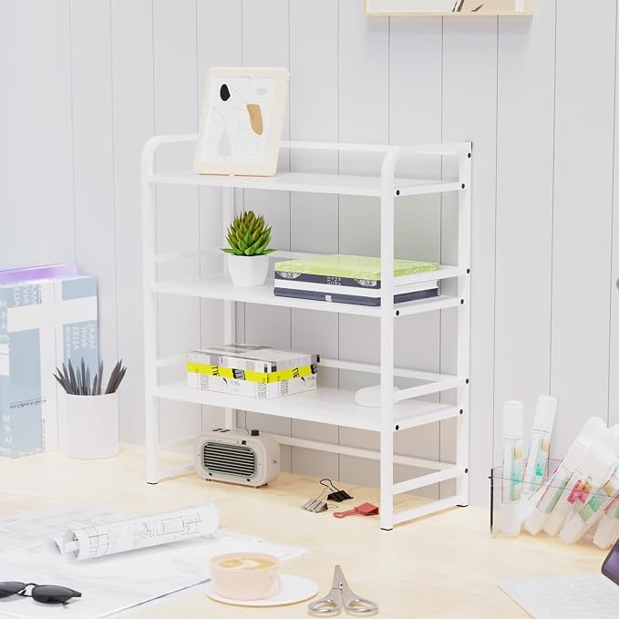 Office Desk Shelf Organizer, Wood Desktop Bookshelf Supplies Storage Rack, Shelf for Top of Desk and Dresser and Cubicle Decor Aesthetic Bookshelf (White White, Three Tier, 19.69Lx7.87Wx22.05H)