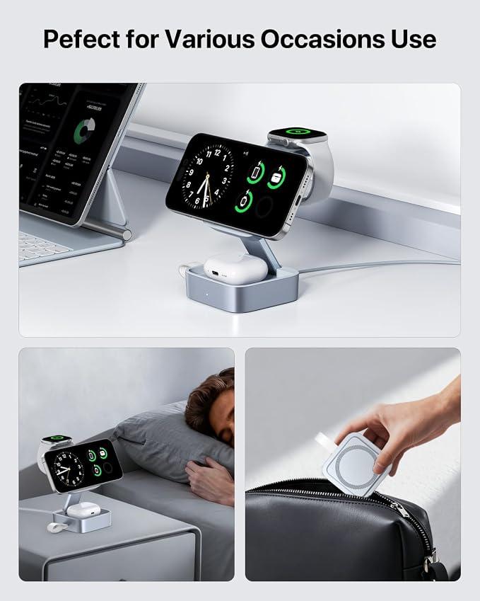 3 in 1 Wireless Charging Station for Apple Devices, Magnetic Foldable Travel Fast Charger Stand Compatible with MagSafe for iPhone Air/17/16/15/14/13/12 Series, Apple Watch & AirPods Pro/4/3/2-Blue